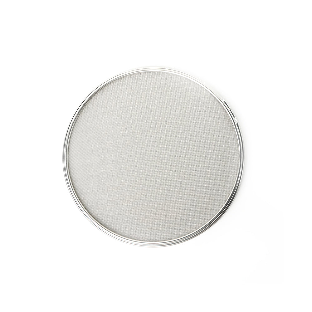 Round silver mesh sieve on a white background