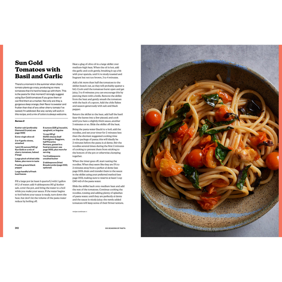 Spaghetti dish with sun-ripened tomatoes, basil, and garlic on a plate with recipe text on the side.