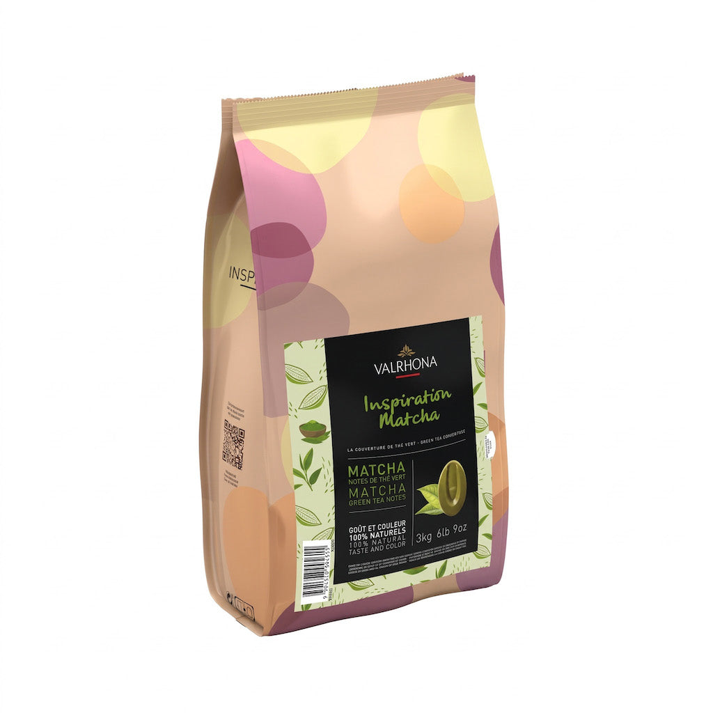 A 3kg bag of Valrhona Inspiratin Matcha Inspiration, featuring a beige and pink patterned bag with a central black label.