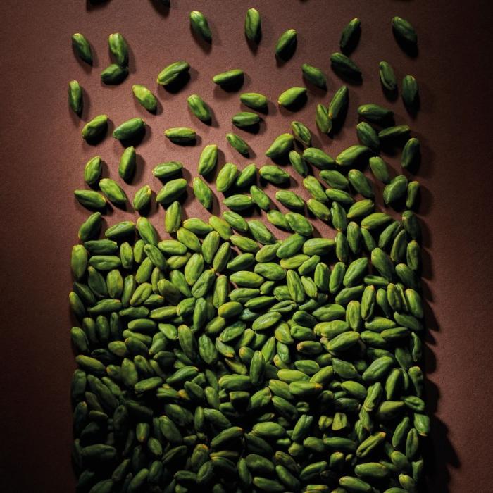 Green seeds arranged in a pattern on a brown background