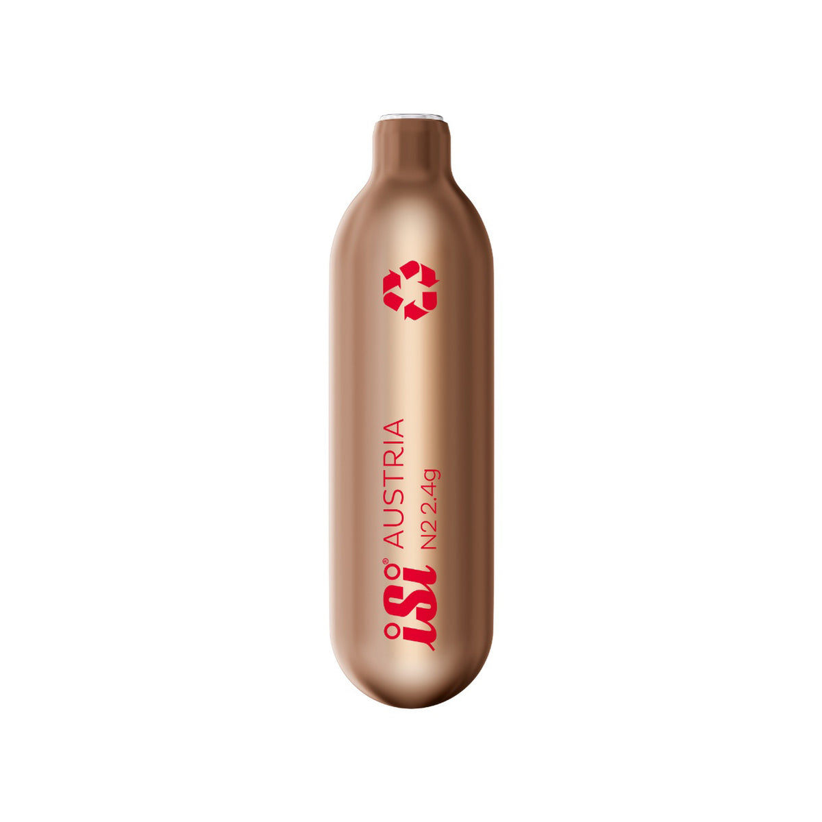 A single Isi Austria N22.4g CO2 bottle in a metallic rose gold finish with red branding, centered on a plain white background.