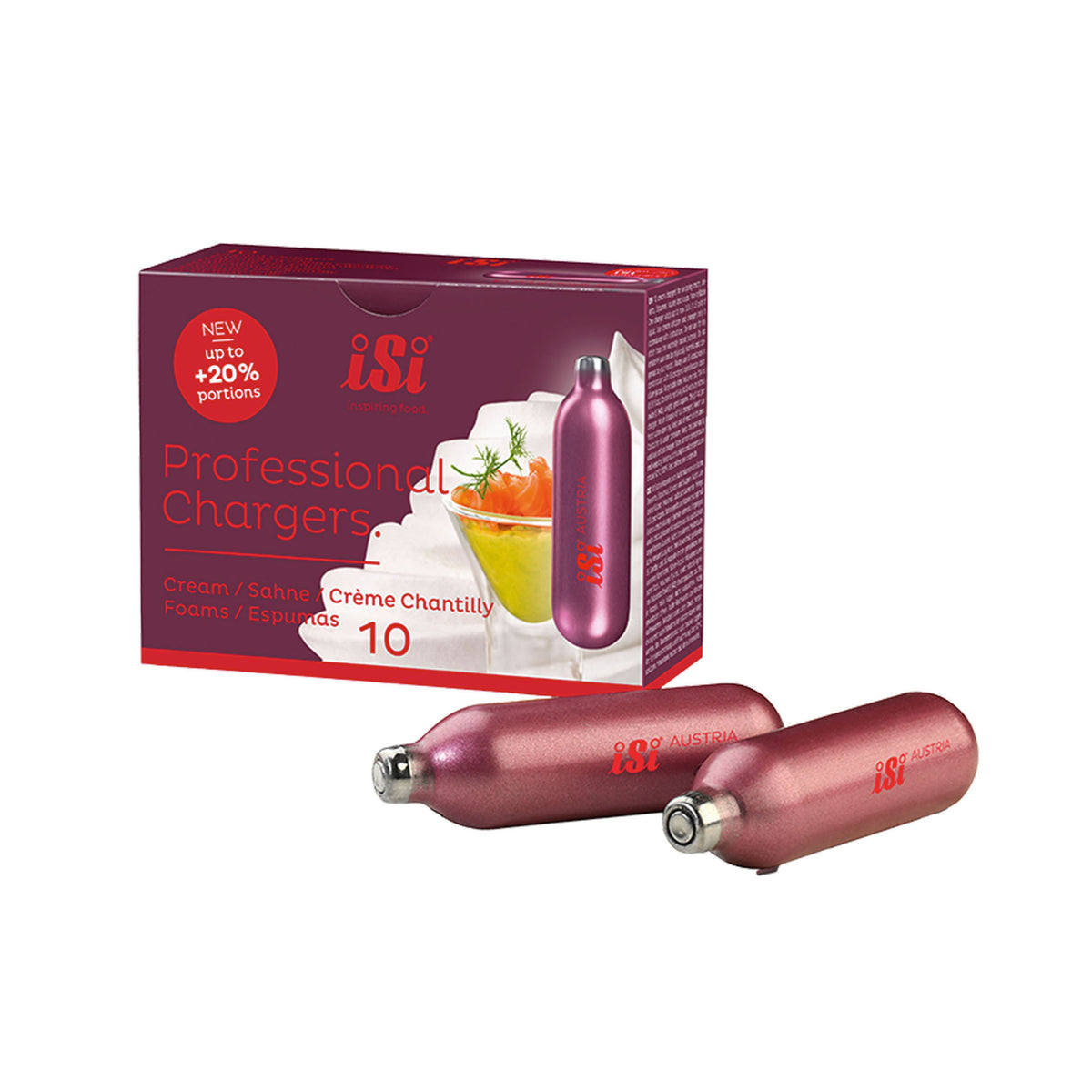 A box of 10 iSi Professional Chargly foam cartridges next to two metallic pink carbon dioxide canisters on a plain white background.