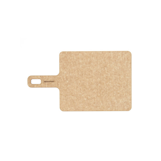 A beige Epicurean Handy Series Cutting Board with a handle, made of rubberwood, on a white background.