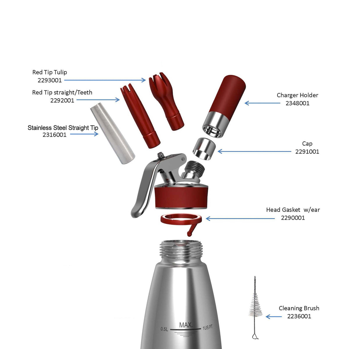 Different components of iSi Gourmet NSF Whipping Siphone 1L size