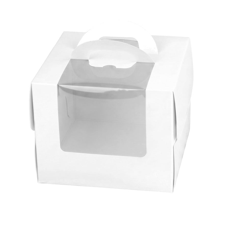 A white square cardboard gift box with a clear plastic window and a white handle cutout on top, shown on a plain white background.