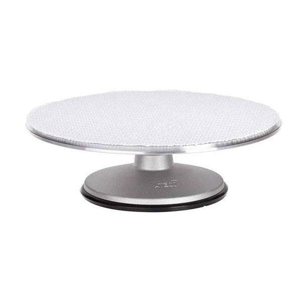 Round Ateco aluminum cake stand on a white background