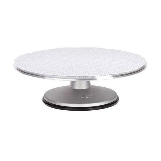 Round Ateco aluminum cake stand on a white background