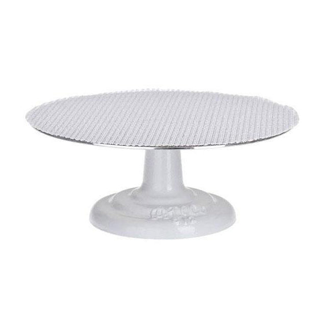 Ateco round cast iron base cake stand with non slip pad on a white background