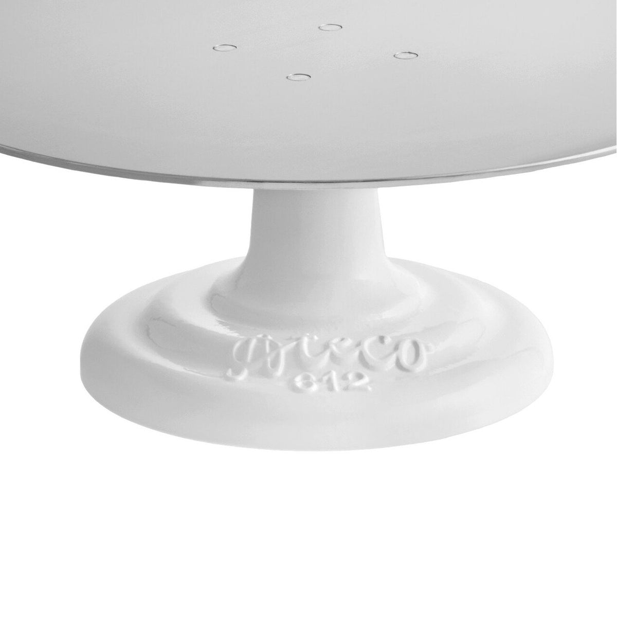 White case iron cake stand base with 'Ateco' branding on a white background