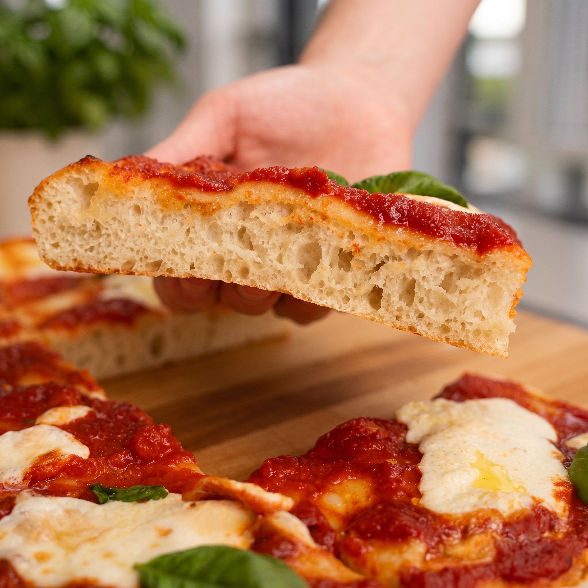 A hand holds a thick slice of artisanal flatbread pizza topped with red tomato sauce, melted white cheese, and fresh basil leaves above a wooden cutting board with a whole pizza in the background.
