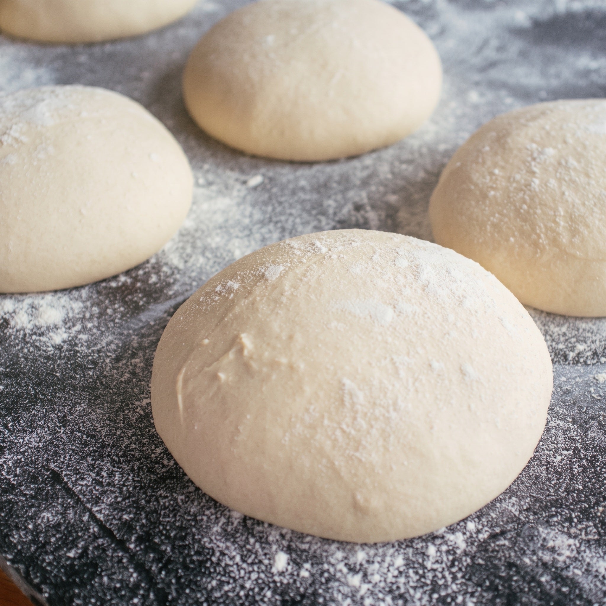 Several smooth, flour-dusted dough balls rest on a dark, flour-sprinkled surface.