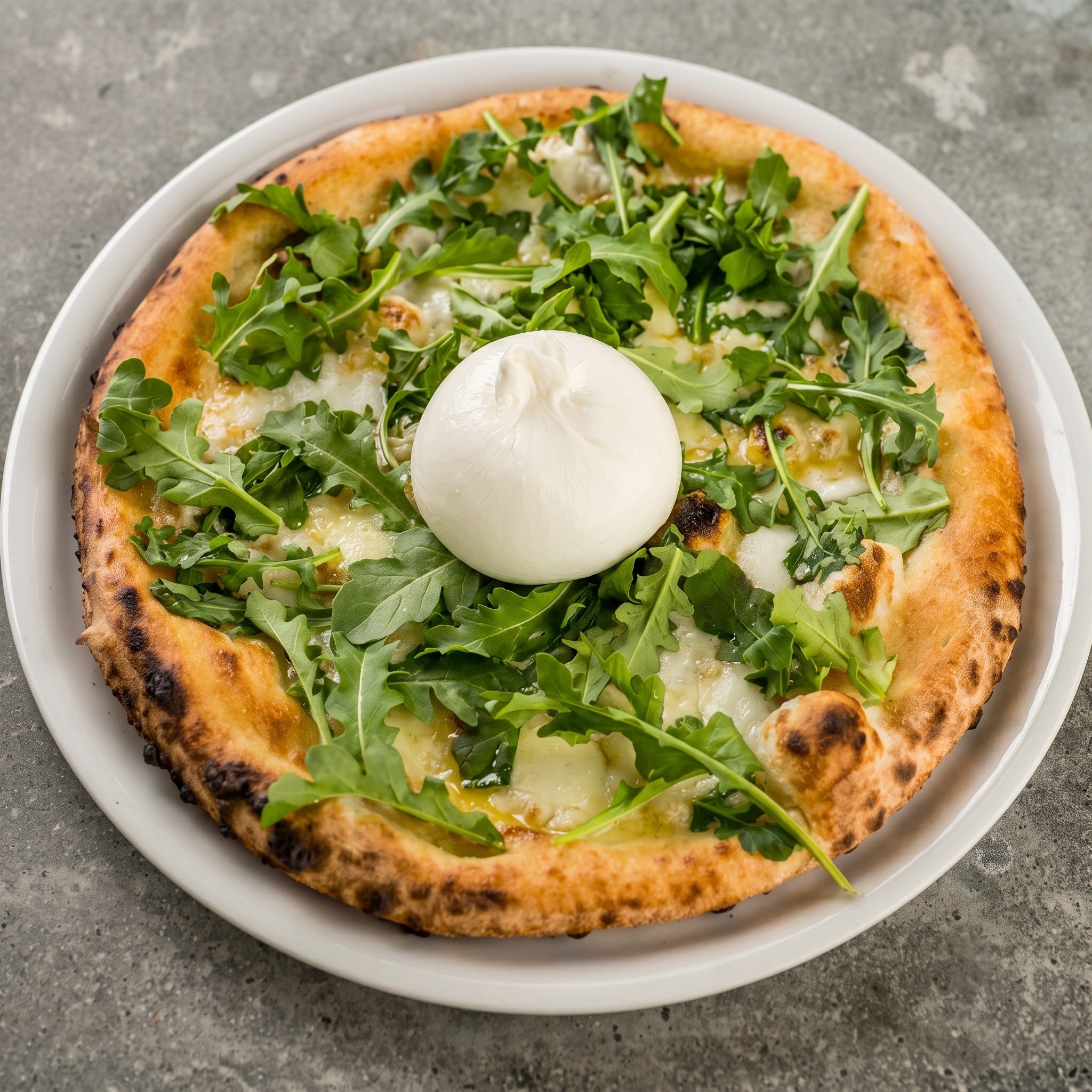 A round pizza on a white plate, topped with fresh arugula leaves, melted cheese, and a large dollop of white mozzarella or burrata cheese, photographed from above on a gray stone-like surface.