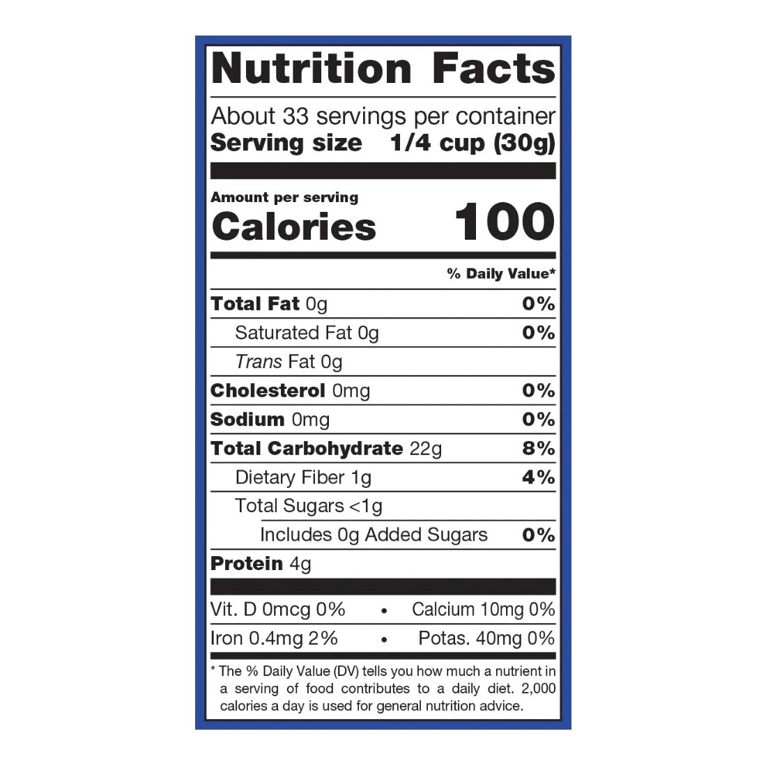 A Nutrition Facts label for a 1/4 cup serving size, showing 100 calories with detailed macronutrient and micronutrient content including fat, cholesterol, sodium, carbohydrates, sugars, and protein.