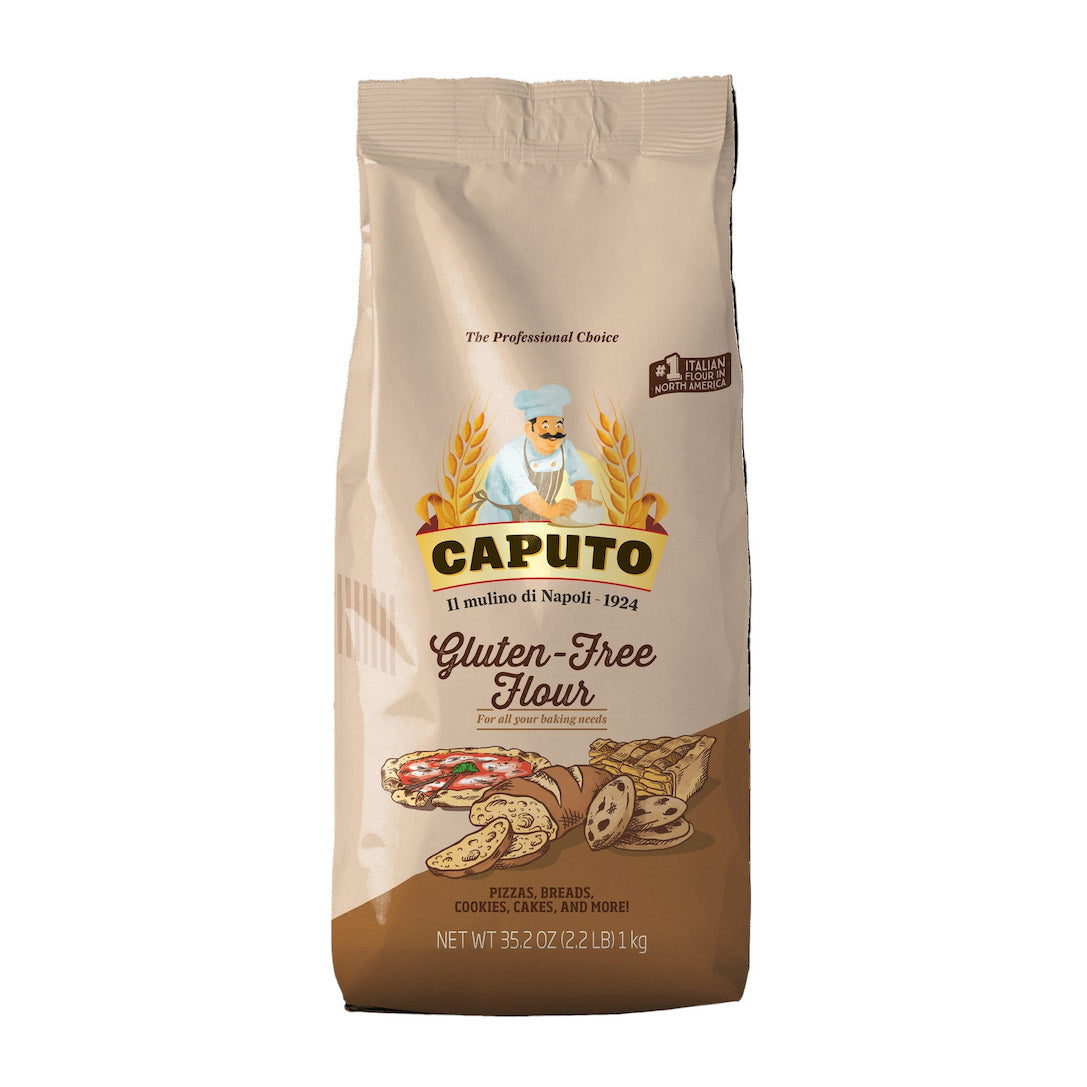 A 1 kg bag of Caputo Gluten-Free Flour, featuring a beige and brown design with an illustration of a baker and various baked goods on a white background.