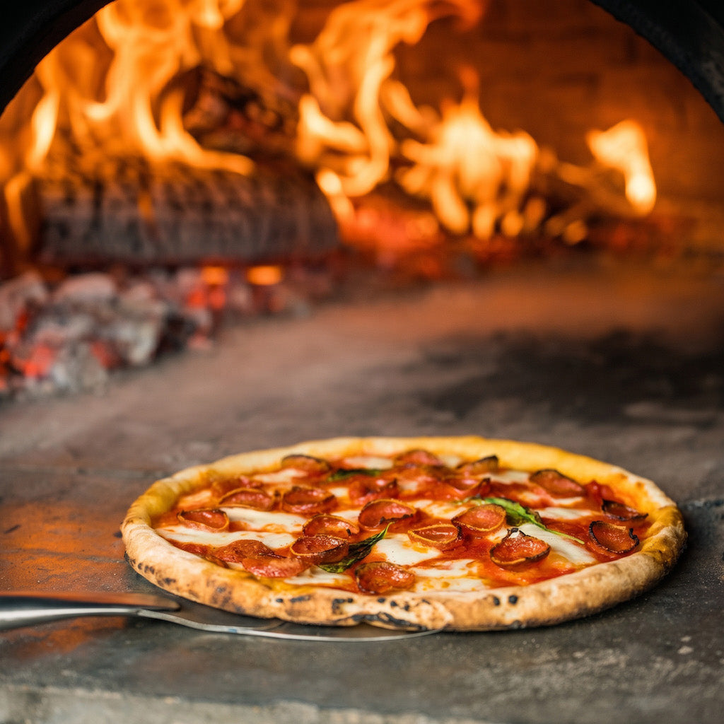 A freshly baked pepperoni and cheese gluten free pizza sits on a metal peel in front of a glowing wood-fired oven with bright orange flames.