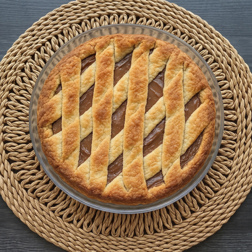 A baked gluten free pie with a golden-brown lattice crust and dark chocolate filling, served in a clear glass pie dish on a round woven placemat over a dark gray surface.