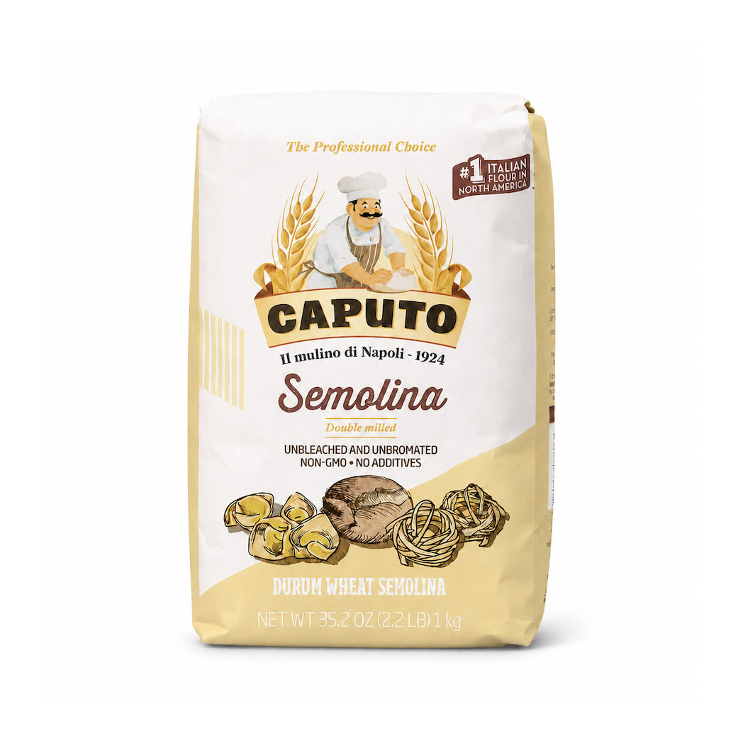 A package of Mulino Caputo Semola Rimacinata, double milled durum wheat semolina flour, 1kg, with decorative elements and text on the packaging.