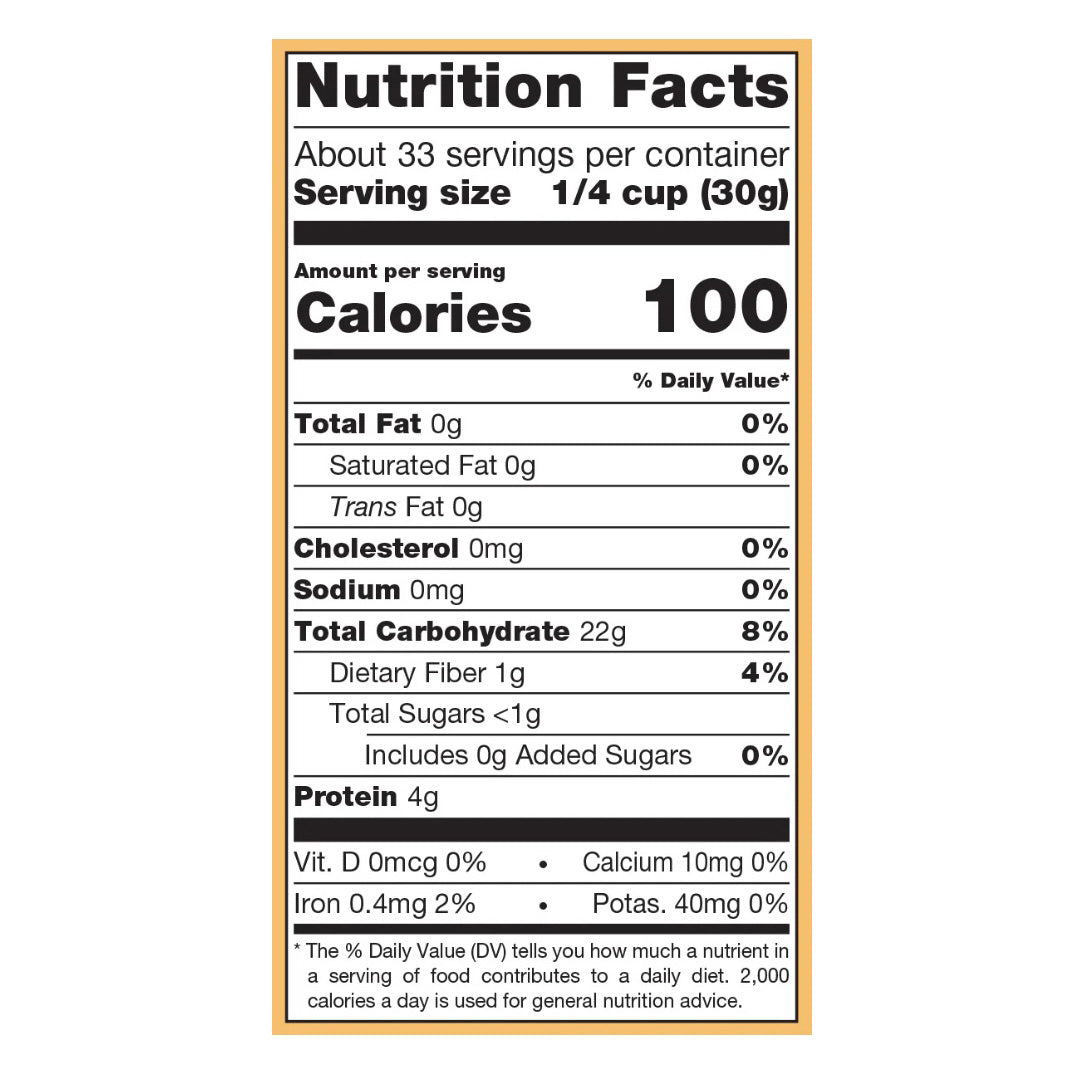 A Nutrition Facts label for a 1/4 cup serving size, showing a standard food nutrition panel with calories, fat, cholesterol, sodium, carbohydrates, sugars, and protein content.