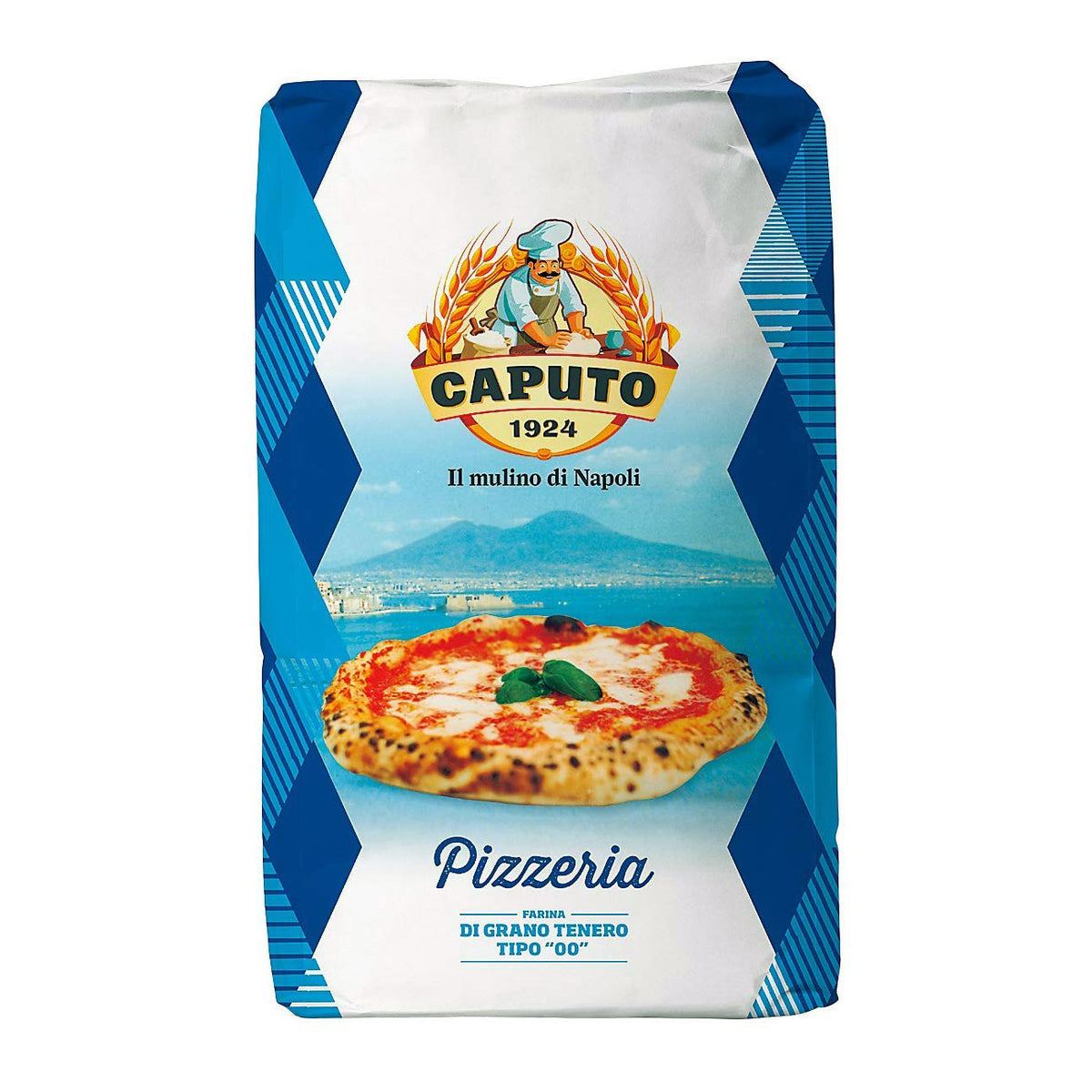 A bag of Mulino Caputo Tipo 00 Pizzeria Flour with a blue and white design, featuring an image of a pizza on the front.