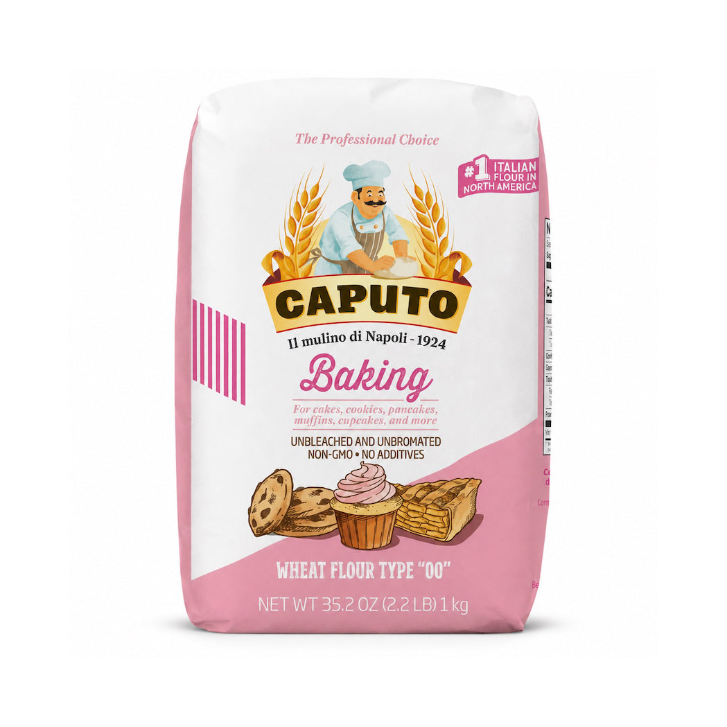 A 1 kg bag of Caputo Baking flour type 00, featuring a white and pink package design with an illustration of a baker and bakery items.