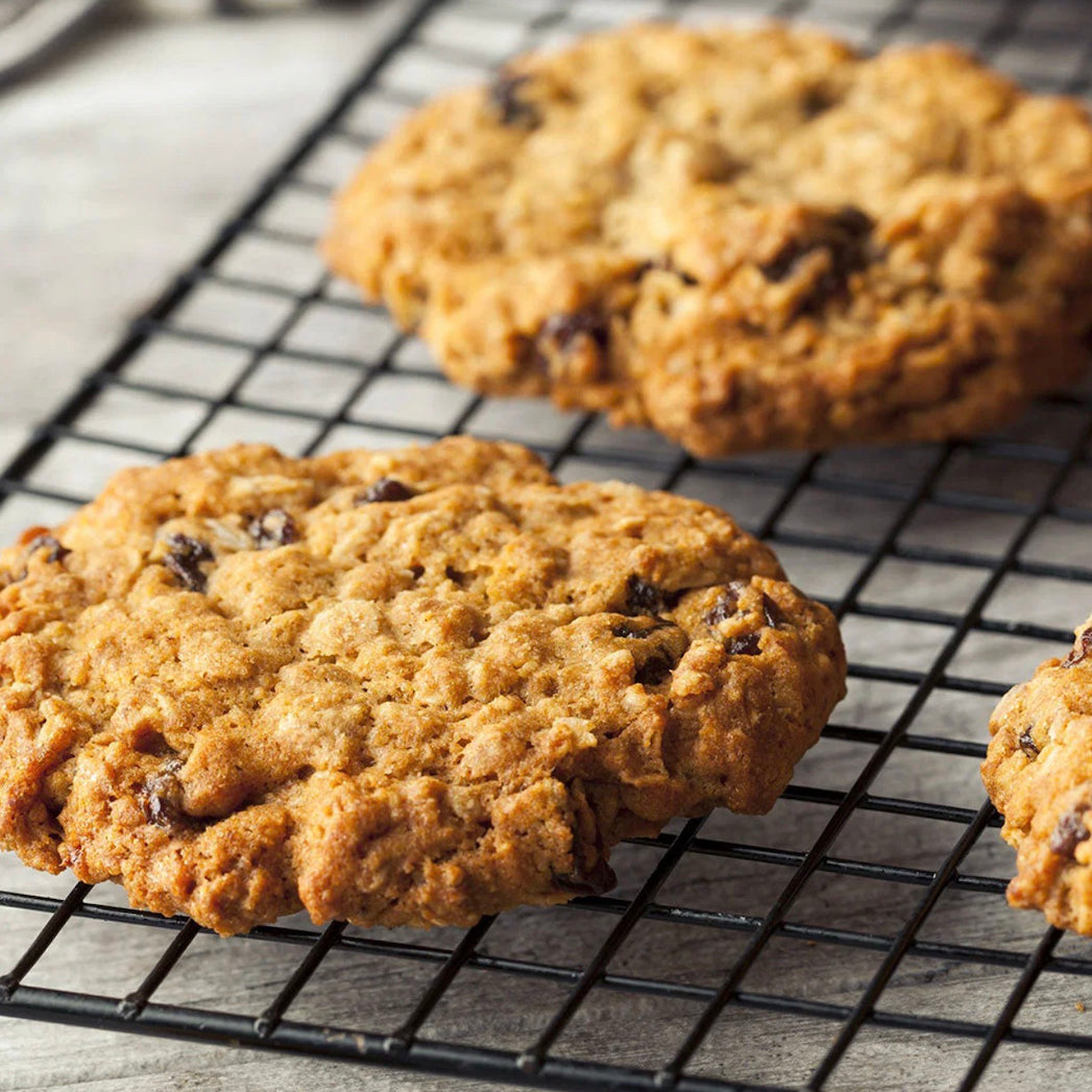 Two golden-brown oatmeal chocolate chip cookies cooling on a black wire rack over a gray surface.