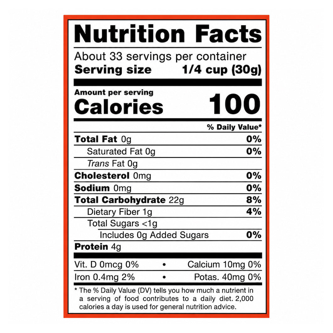 A Nutrition Facts label for a 1/4 cup serving size, showing calories, fat, cholesterol, sodium, carbohydrates, sugars, and protein content on a white background with a red border.
