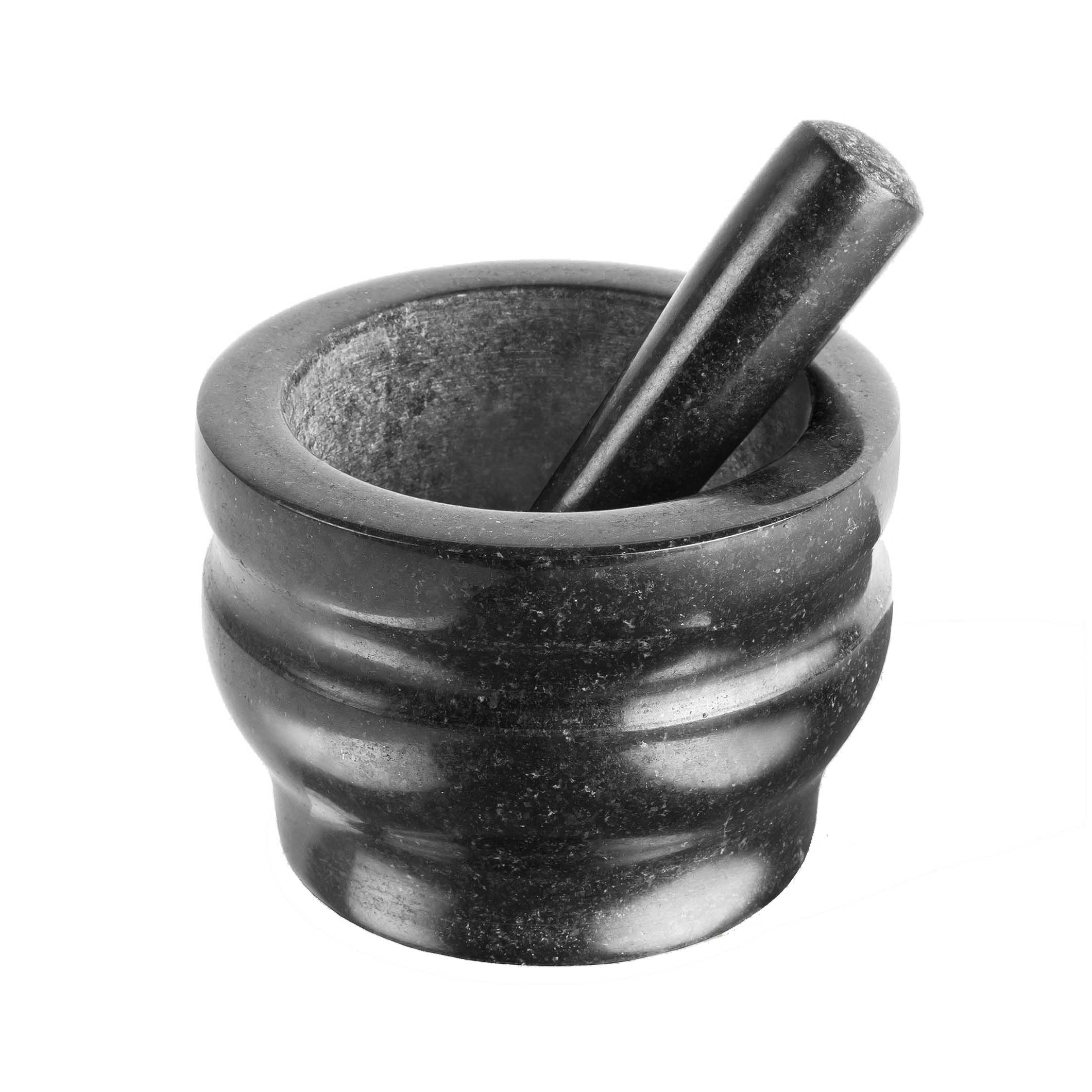 Black stone mortar and pestle on a white background
