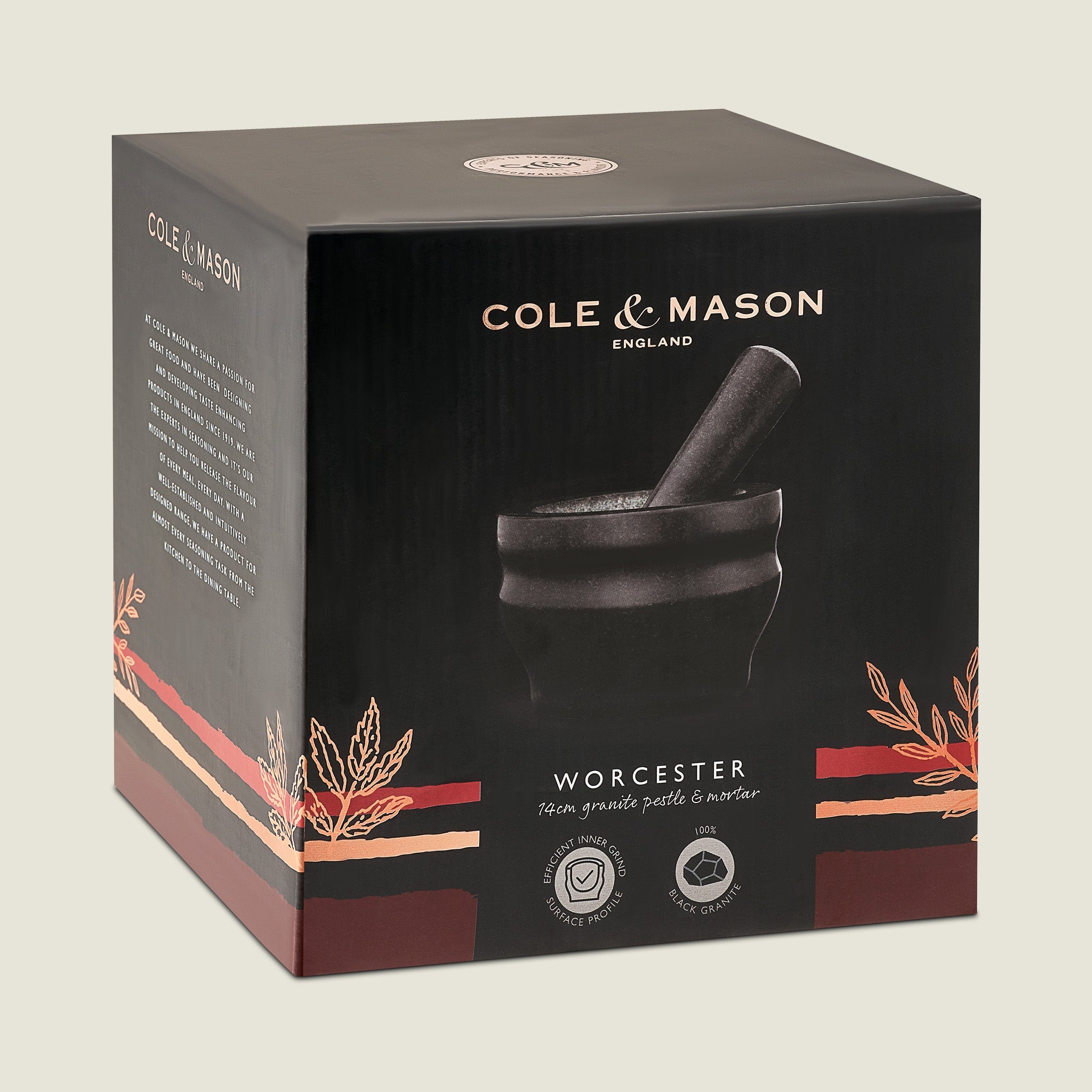Cole & Mason black packaging box with a pestle and mortar illustration on a beige background