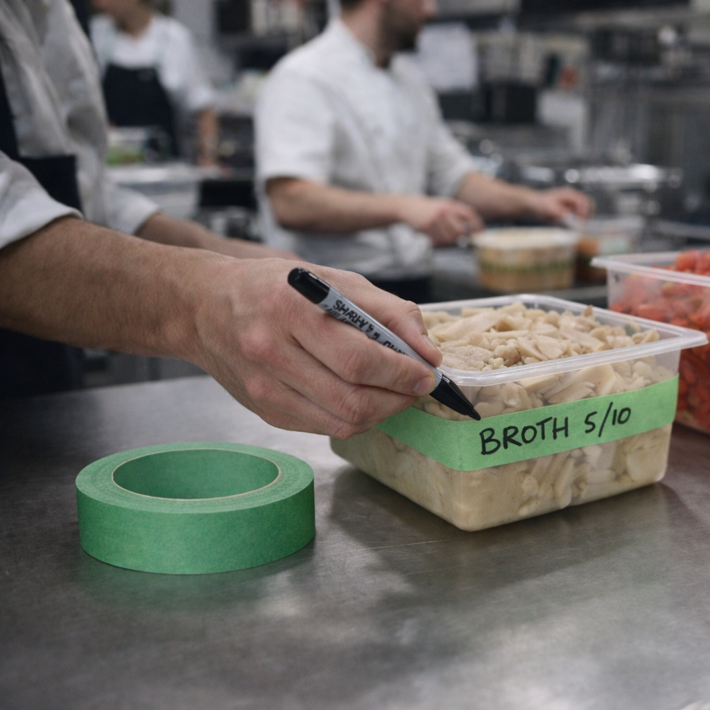 Person labeling a container of broth with green tape and a marker in a kitchen setting.