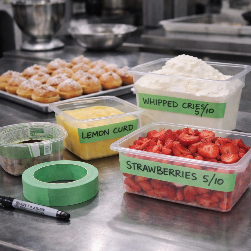 Containers of whipped cream, lemon curd, and strawberries on a kitchen counter with green labels.