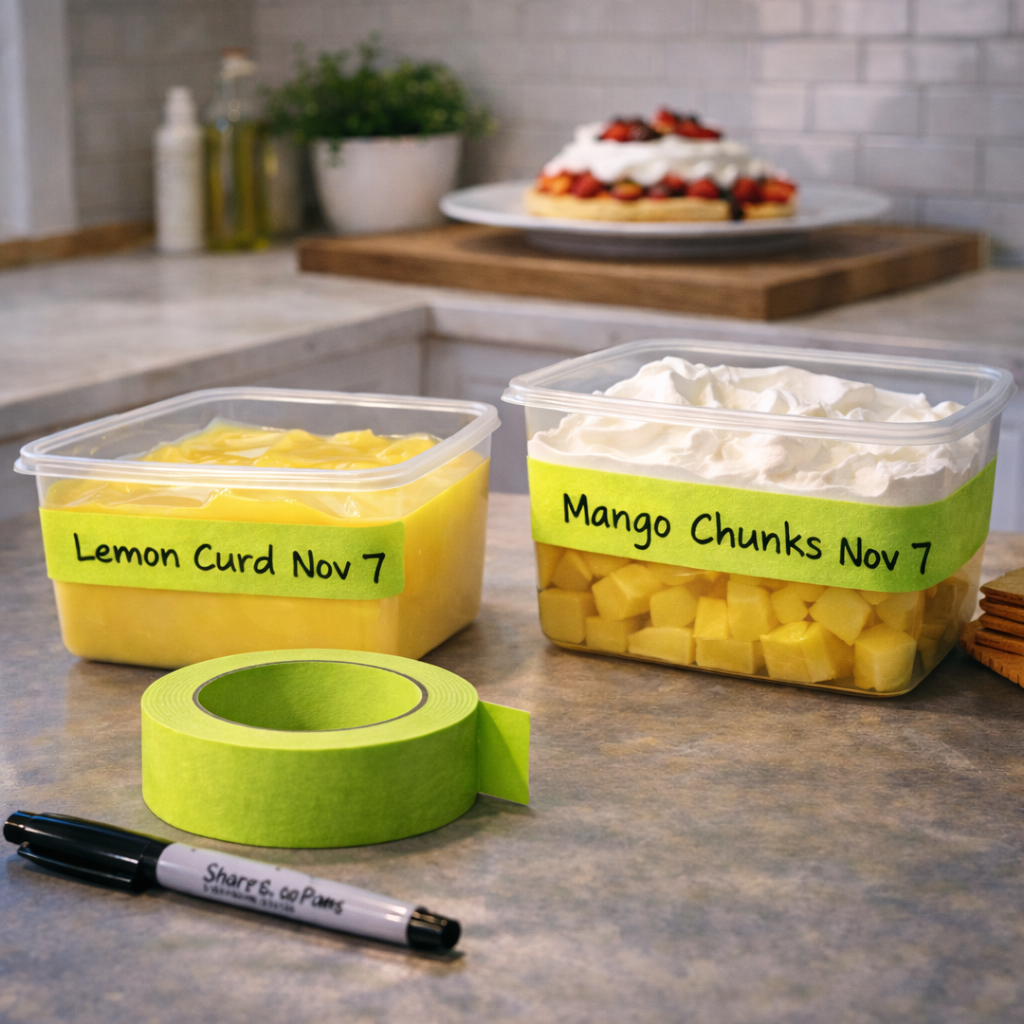Two containers of food with labels on a kitchen counter, accompanied by a roll of tape and marker.