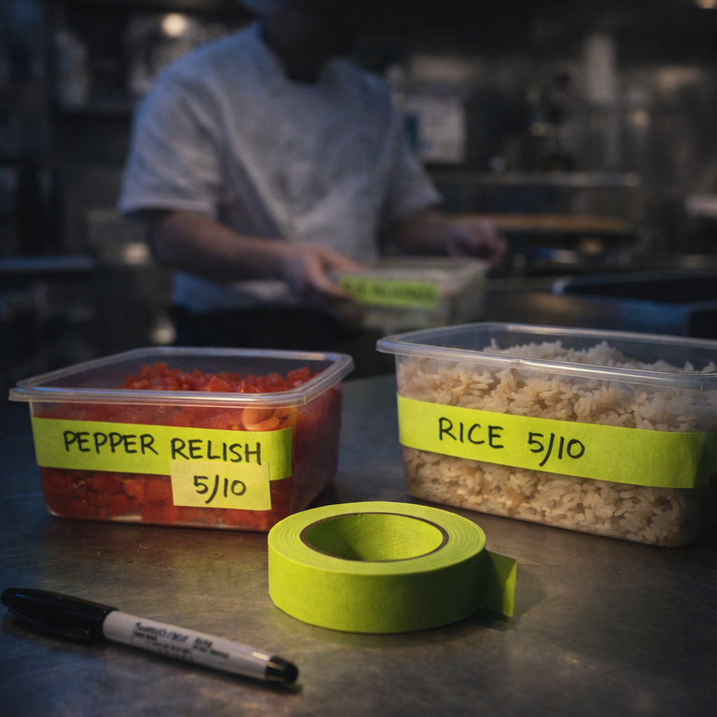 Containers labeled with ratings on a kitchen counter, with a person in the background.