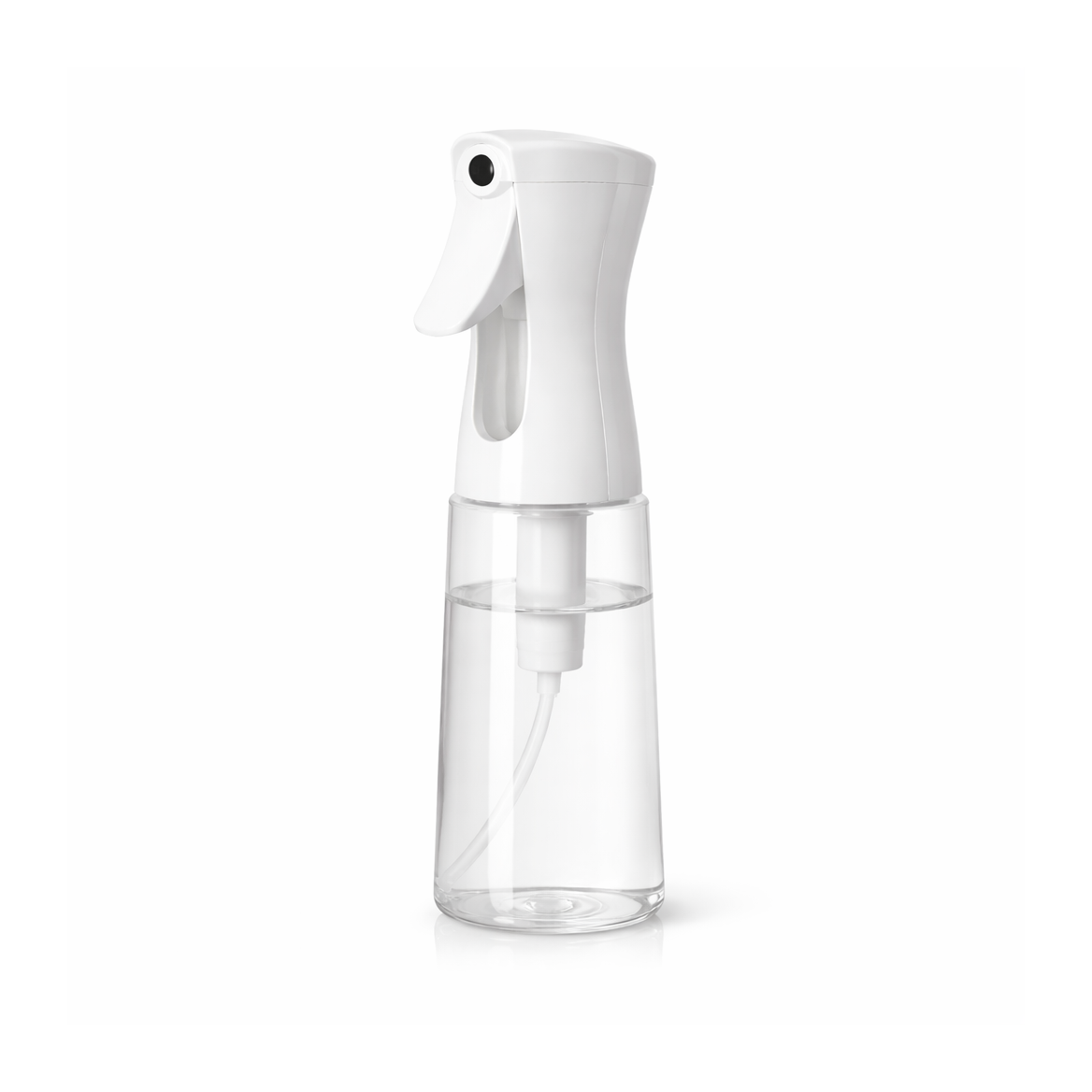 Clear spray bottle with white nozzle on a white background