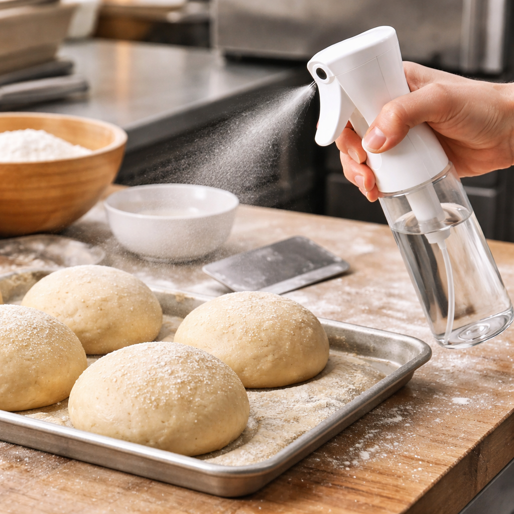 Person using a water sprayer over dough on a baking tray in a kitchen.