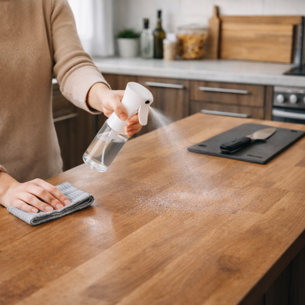 Person cleaning a wooden kitchen counter with a spray bottle and cloth.