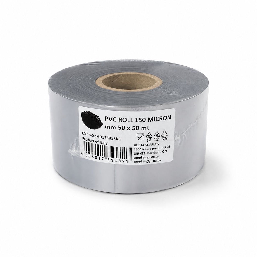 A roll of gray PVC cake collar roll, 150 microns thick, with a white label showing product details and a barcode, set against a plain white background.