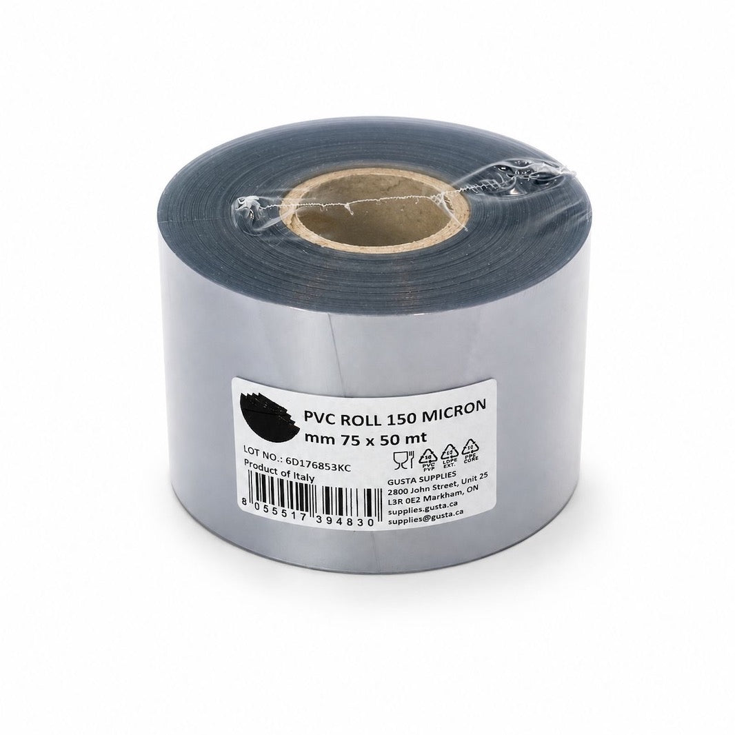 A roll of black 150 micron PVC cake roll, wrapped in protective plastic and featuring a white product label on a clean white background.