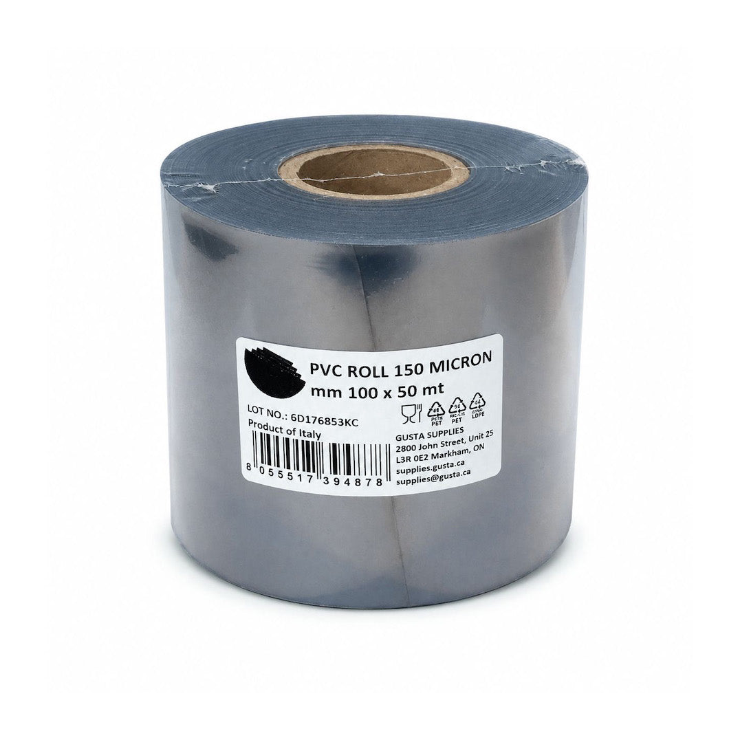A roll of dark gray PVC cake roll on a cardboard core, with a white product label on the front, photographed on a white background.