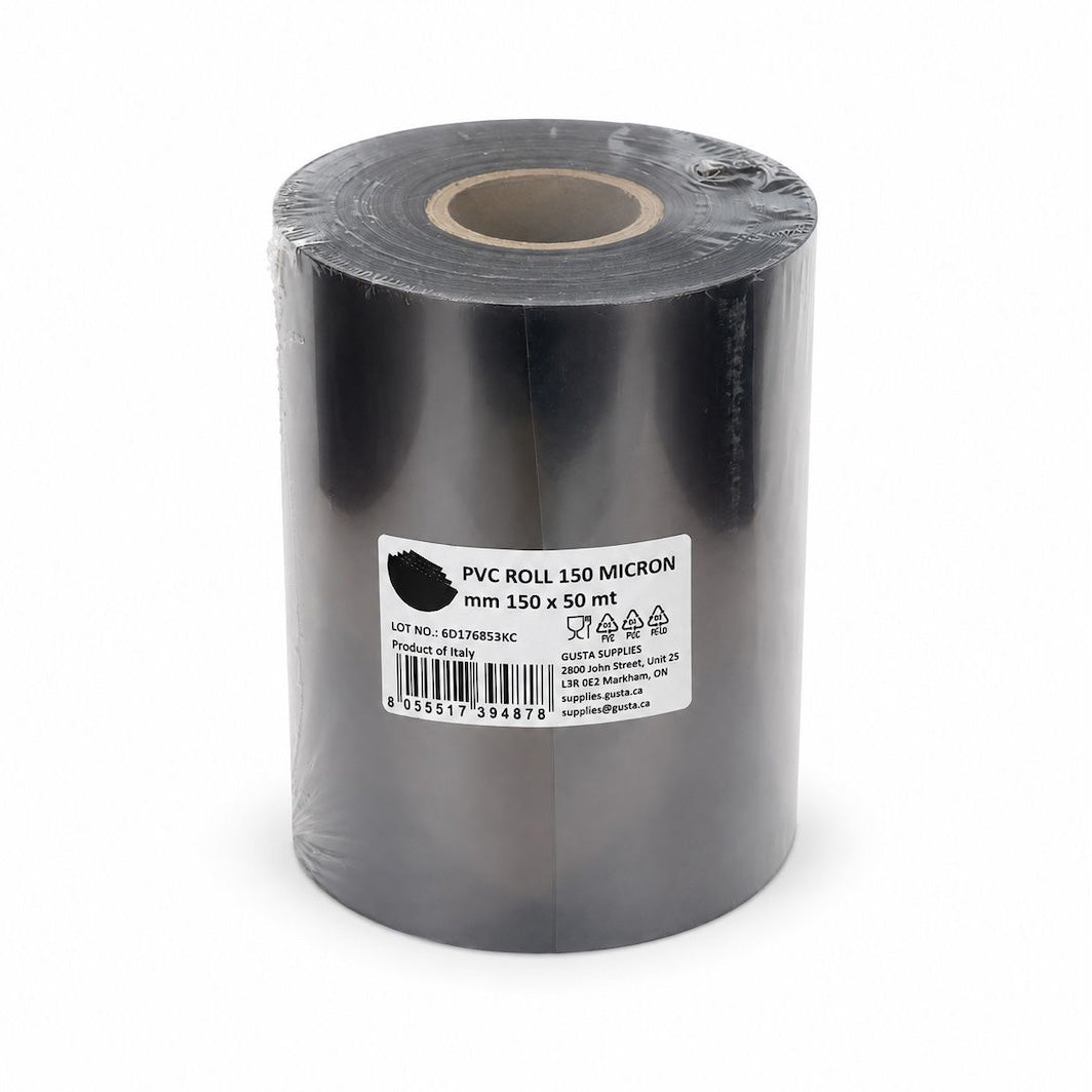 A roll of black PVC tall cake collar roll, 150 microns thick and 50 meters long, wrapped in protective plastic with a white product label on a white background.