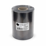 A roll of black PVC tall cake collar roll, 150 microns thick and 50 meters long, wrapped in protective plastic with a white product label on a white background.