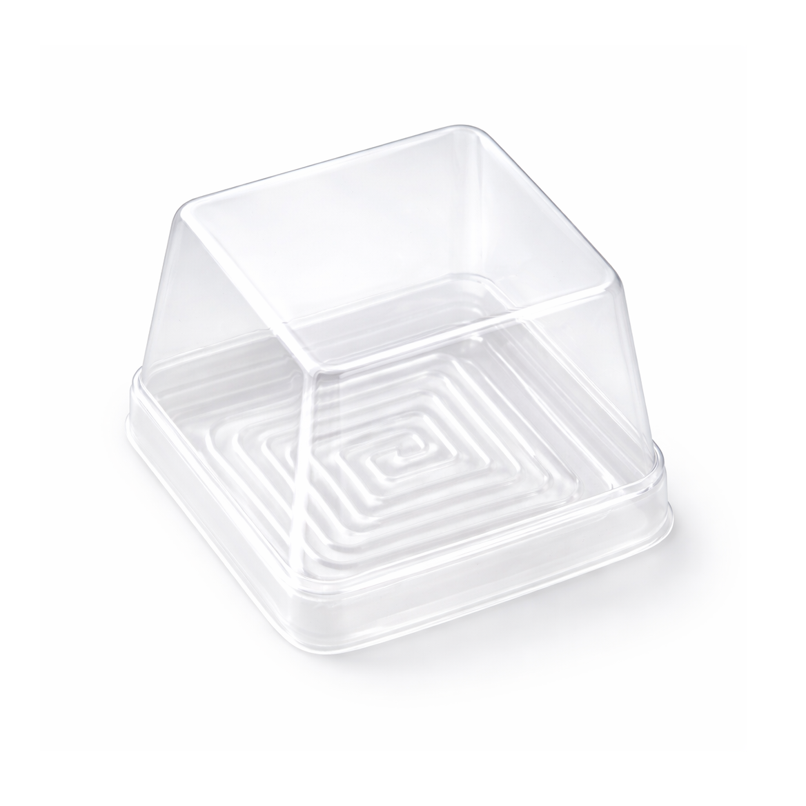 A clear plastic square container with a hinged lid and a textured, ridged base, shown on a solid white background.