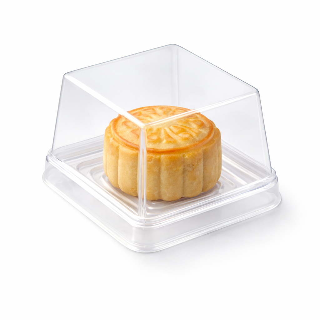 Mooncake in a clear plastic container on a white background