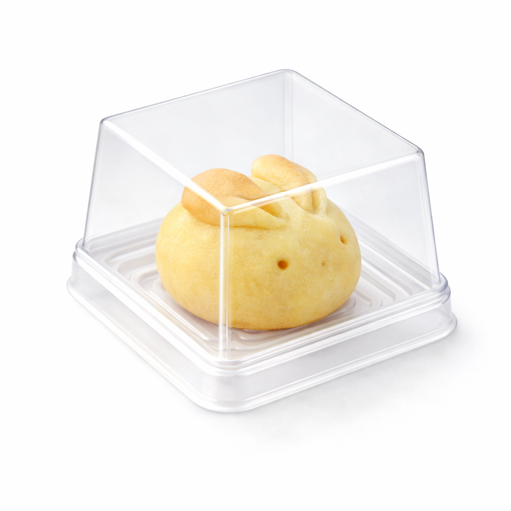 A small round golden-brown baked bun or pastry displayed inside a clear square plastic bakery container with a transparent lid, on a white background.