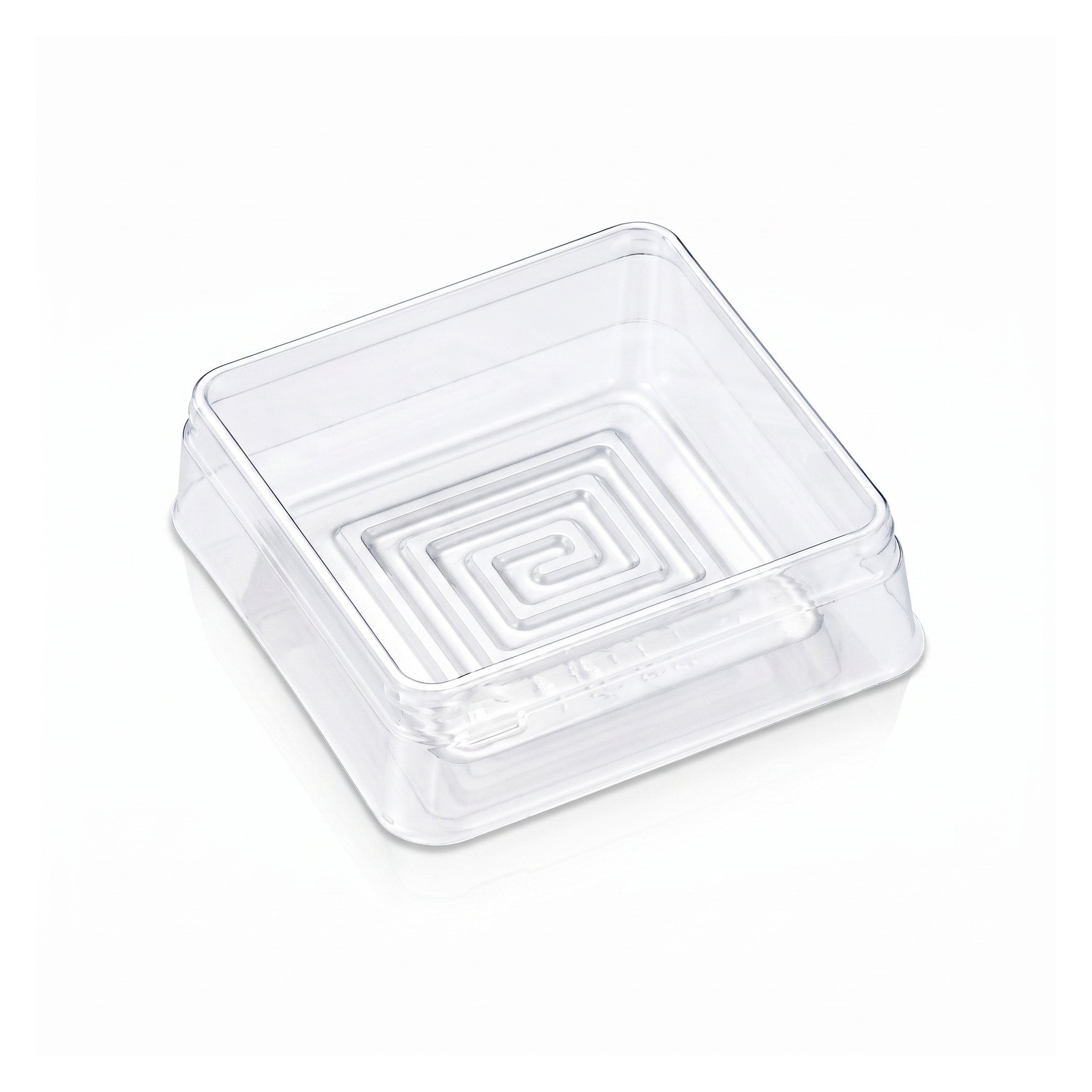 A clear square plastic container with a spiral pattern on the bottom base, shown on a clean white background.