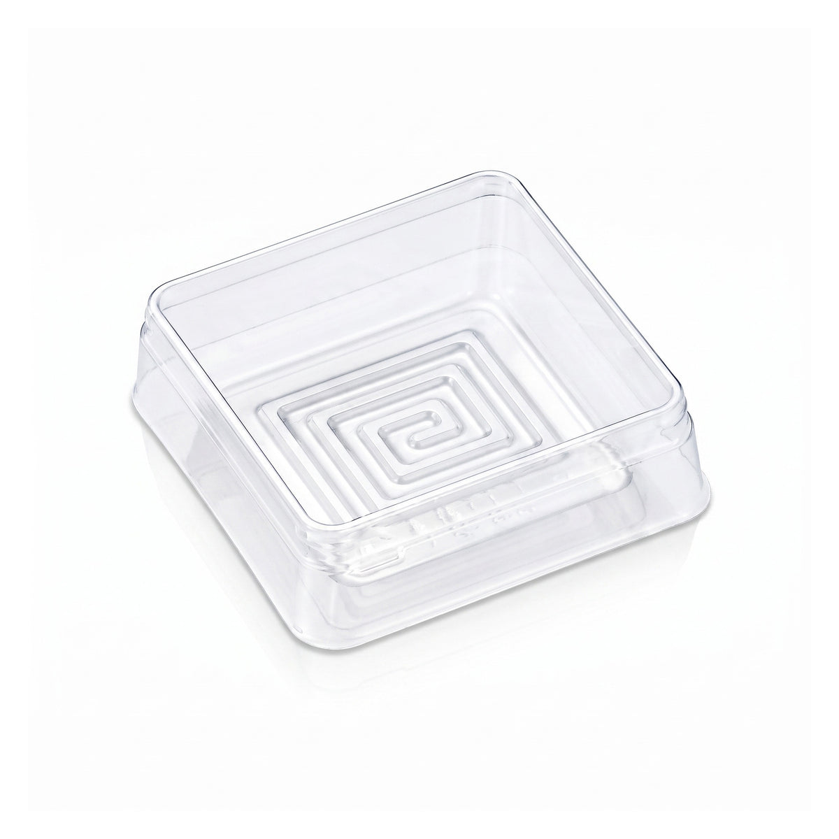 A clear square plastic container with a spiral pattern on the bottom base, shown on a clean white background.