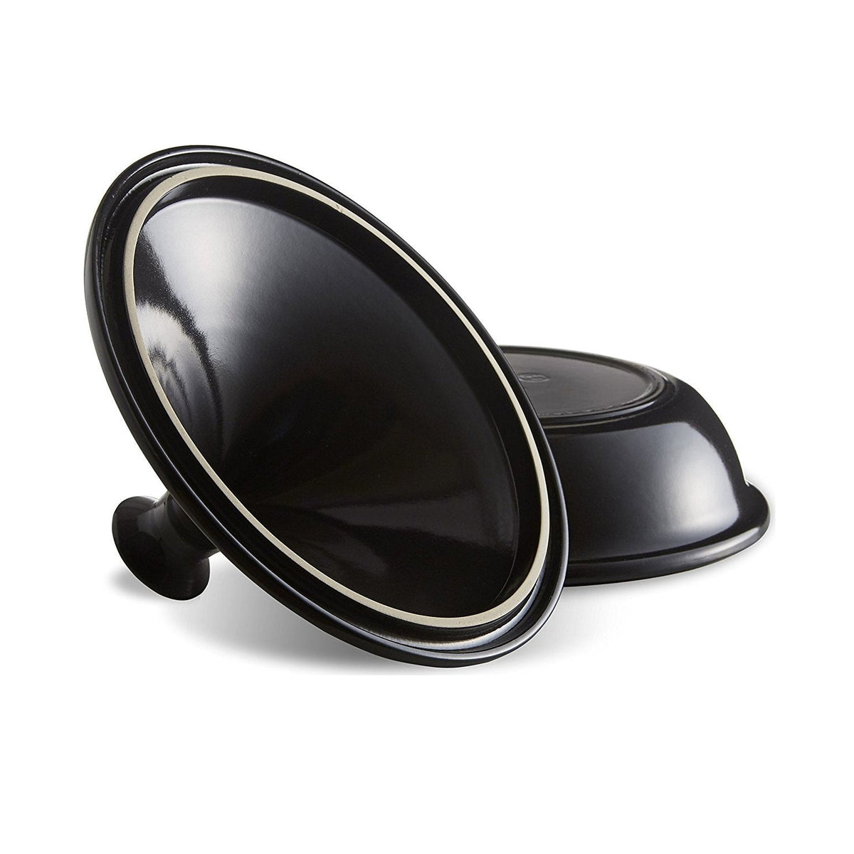 Black fusain ceramic tagine with lid and a Emile Henry logo on a white background