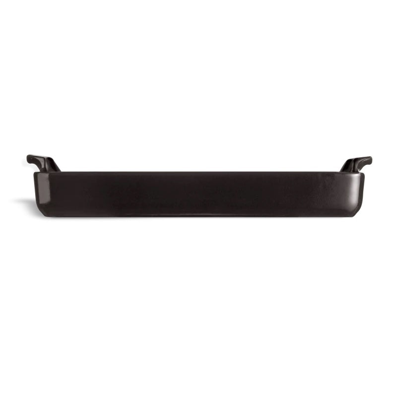 Emile Henry black fusain focaccia bread baker with handles on a white background