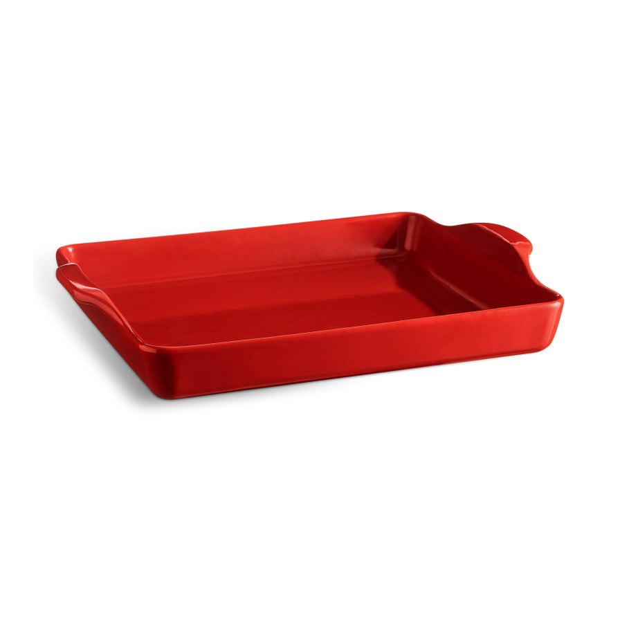 Emile Henry red rectangular focaccia baker on a white background