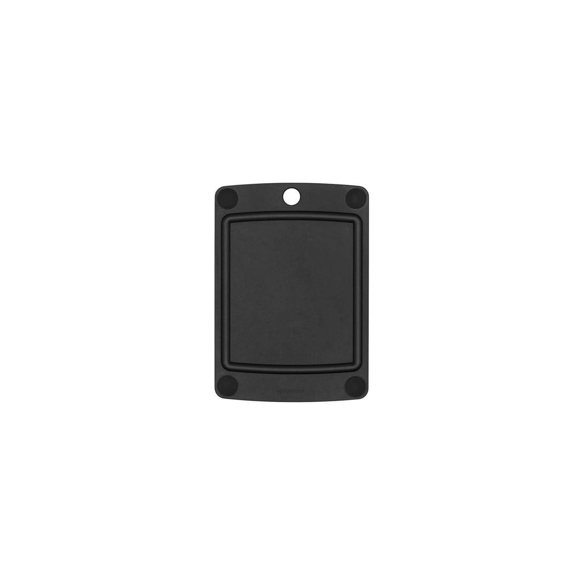 Black rectangular Epicurean cutting board with non-slip feet on a white background