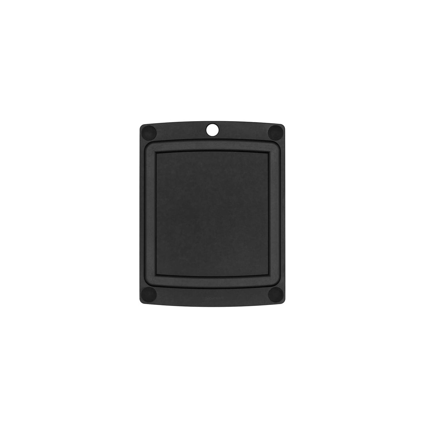 Black rectangular Epicurean all-in-one cutting board with non-slip feet on a white background